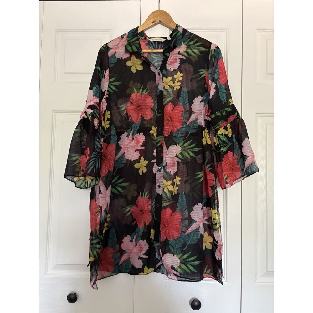 Women’s Soft Surroundings Tropical Tunic Top Sheer Black Floral Size Medium